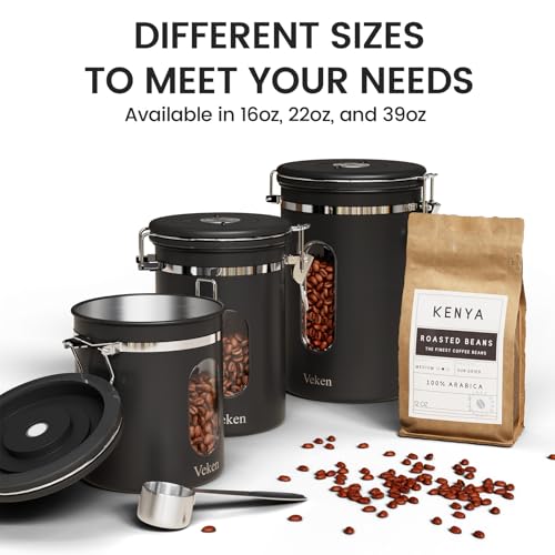 Veken Coffee Canister with Window,Airtight Stainless Steel Container,16OZ - color: Black, size: 16 oz