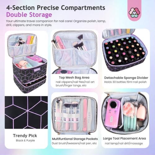 SAVILAND PU Leather Nail Polish Organizer Bag for Nail Tech, Black - color: Black-02