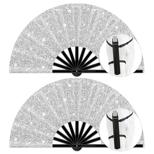 13" Large Folding Rave Fan with Holster, Clack Hand Fans Foldable for Line Dancing for Women Men Festival EDM Party Decoration, Glitter Silver 2 Pack - color: Glitter Silver