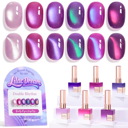 Double Rhythm Cat Eye Gel Nail Polish Set of 6 Same Color Same Bottle 0.5 Oz Shimmer Glitter with Magnet Holographic Magnetic UV Nail Polish Kit (Blush Fuchsia Magenta Purple Violet Lavender -T6-107) - color: Lilac Dream
