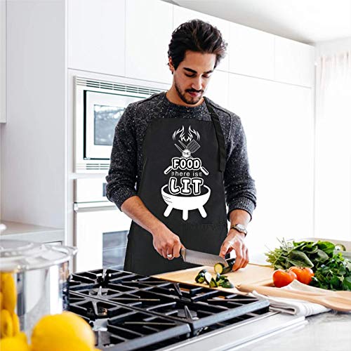Rosoz Funny BBQ Black Chef Aprons for Men,Adjustable Kitchen Cooking Aprons - color: The Food Here is Lit