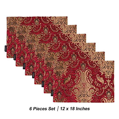 Loom and Mill Luxury Chenille Damask Placemats for Christmas, Set of 6, Red - color: Red_florence, size: 6 Pieces