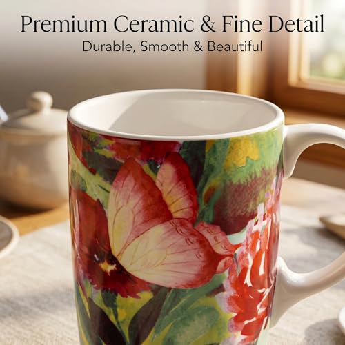 Topadorn 17oz Ceramic Travel Mug with Lid, Botanical Floral Coffee Mug - color: Butterfly and Butterfly