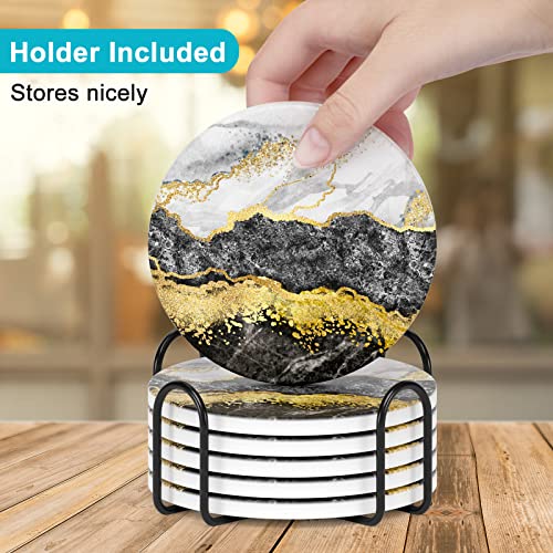 Coasters for Drinks, Set of 6 Cute Absorbent Ceramic Drink Coasters - color: White Black Gold Marble