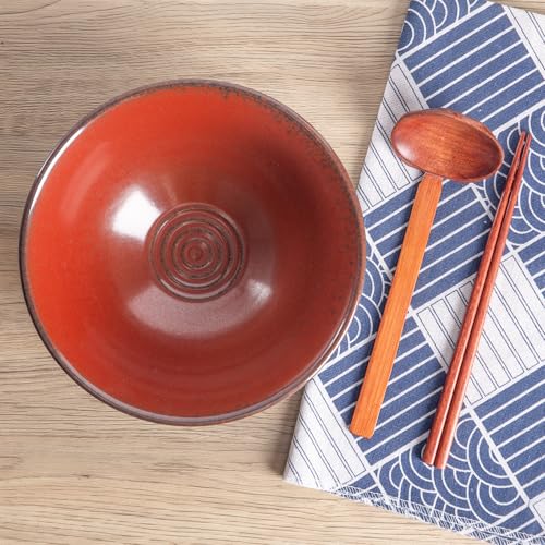40oz Japanese Ceramic Ramen Bowl Set of 2 with Chopsticks and Spoons for Pho Udon Asian Soup Noodles (Red) - color: Red