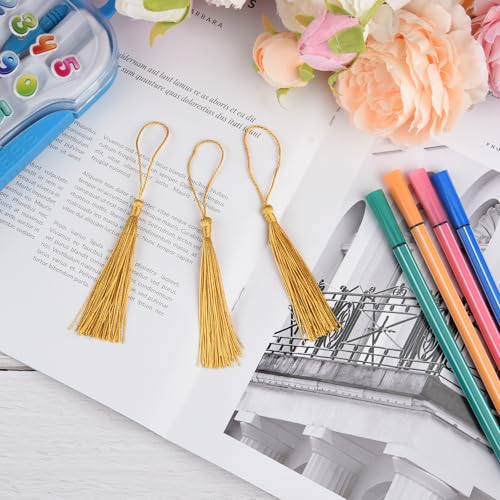 100 Pcs Bookmark Tassels Bulk Gold Soft Craft Silky Handmade Mini Tassels for Jewelry Making with Loops for DIY Craft Accessory Dress Decoration - color: Gold