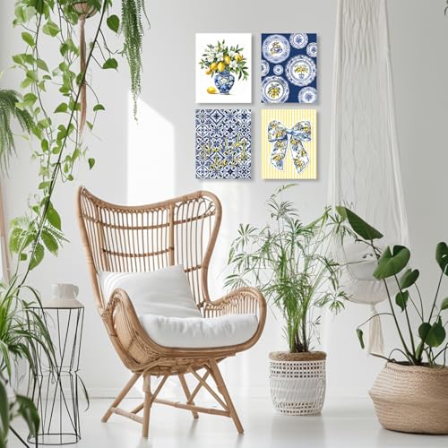 LUKIPOM Chinoiserie Lemon Summer Bow Wall Art Posters Set of 4,Amalfi Coast Grandmillennial Home Decor,Blue and White Porcelain Lemon Tree Prints Artwork for Kitchen Wall Decor, 8x10 Unframed - color: Color 008