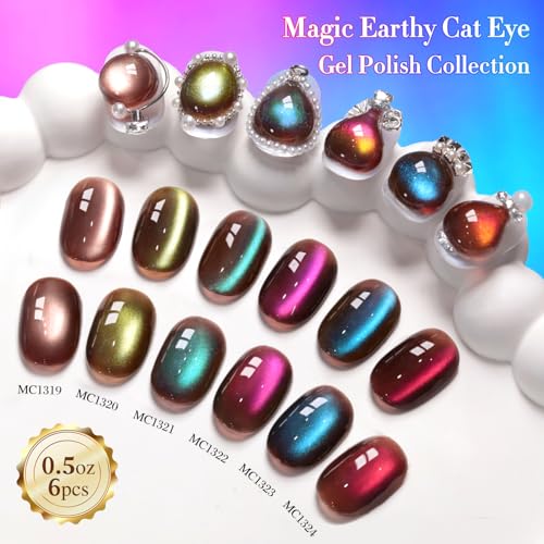 Double Rhythm Cat Eye Gel Nail Polish Set of 6 Same Color Same Bottle 0.5 Oz Shimmer Glitter with Magnet Holographic Magnetic UV Nail Polish Kit at Home (Brown Sage Green Red Purple Blue-T6-104) - color: Earthy Magic