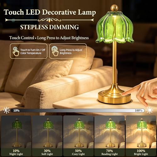 Set of 2 Cordless Green Glass Tulip Table Lamp - color: Green, size: 2-pack