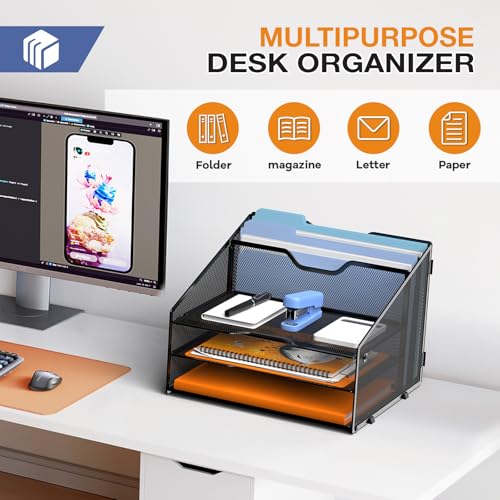 GAWERK Letter Tray Organizer, Mesh Desk File Organizer with 3 Paper Trays and 2 Vertical Upright Section (Gold) - color: Gold