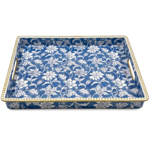 Rectangular Decorative Serving Tray with Handles,Vintage Blue White Floral Pattern Gold Trim Glossy Ottoman Coffee Table Tray,Multipurpose Vanity Tray for Jewelry Home Decor. 15.7" x 11.8" - color: Blue