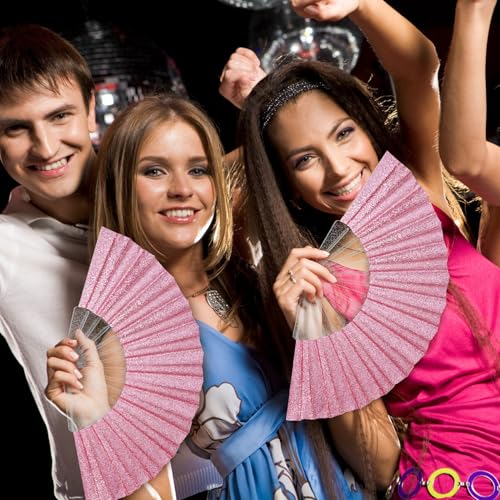 EOSAU 9" Glitter Folding Hand Fans Foldable, Clacking Fans for Women, Pink - color: 9" Pink 02