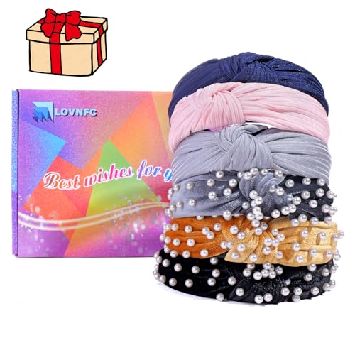 LOVNFC Womens Headbands 6 Pcs Knotted Head Bands No Slip Fashion for women Girls Wide Top Knot Turban Hair Bands Velvet Hair Hoops Hairband (gray blue pink) - color: Pure color with pearl B