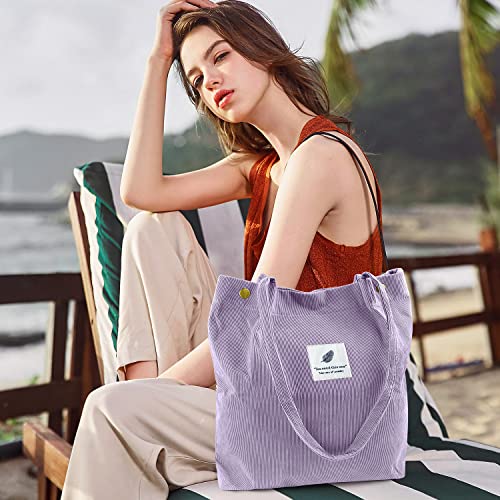 Ayieyill Corduroy Tote Bag for Women Canvas Shoulder Cord Purse with Inner Pocket - color: Purple Grey
