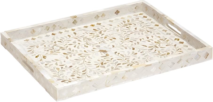 Beautifully Handcrafted Antique Mother of Pearl Serving Tray | White Colour Home Decor Tray | Decorative Food Platter | Handcrafted Ottoman Tray | Breakfast in Bed Tray - Fairdeal Handicrafts