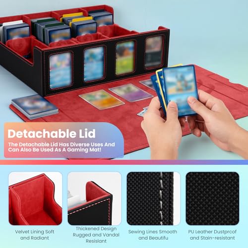 Trading Card Storage Box with Commander Display, 4-Row Deck Case with Removable Lid & Handle, 3000+ Card Organizer with 24 Colorful Dividers & 4 Stoppers for MTG, Black & Red - color: Black & Red, size: 3000+, with Handle