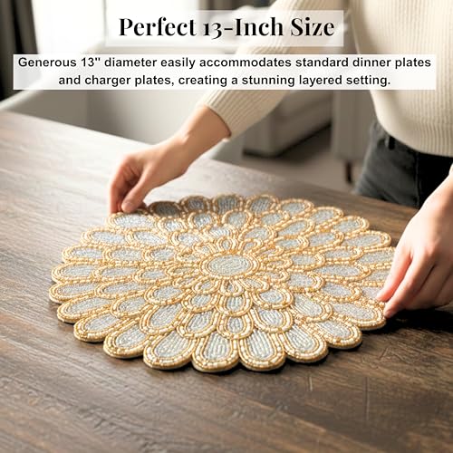 Beaded Placematss - 13” Round Charger Plates Handmade Glass Bead & Polyester Table Mats for Dining & Coffee Tables - Elegant Holiday & Home Décor (Ivory Gold) - ALPHA Living HOME - color: Gold Silver Light, size: Set of 1