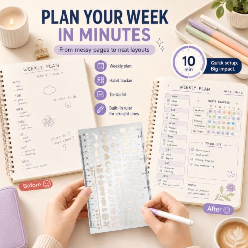10Pcs Metal Planning Stencils, Bullet Journal Stencil, Ruler Stencil for Journaling with Case – Bullet Journal Weekly/Monthly Planning, Daily Task Tracker, Drawing Straight Lines