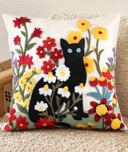 Embroidered Throw Pillow Cover, 18x18 Inch, Black Cat Floral - color: Flower Cats, size: 18" x 18" (Pack of 1)