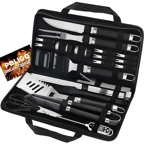 POLIGO 29 PCS BBQ Grill Accessories Stainless Steel BBQ Tools Grilling Tools Set with Storage Bag for Fathers Day Dads Birthday Presents - Camping Grill Utensils Set Ideal Grilling Gifts for Men Black - color: Black