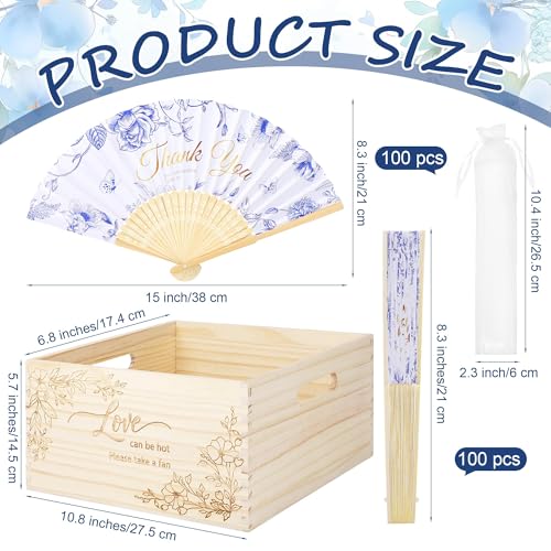 Aneco 100 Pieces Wedding Foldable Hand Fans Floral Handheld Paper Fans with Organza Bags and Storage Basket Folding Fans for Wedding Guests Bridal Shower Bridesmaid Gifts - color: Blue Floral