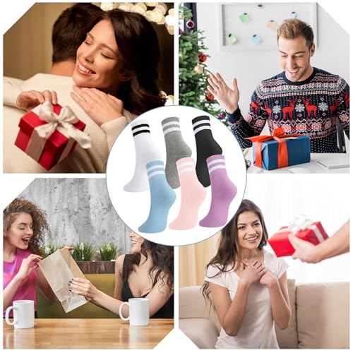 Womens White Crew Socks 6 Pair Striped Trim Casual Crew Socks - color: Blue, Purple, White, Black, Gray, Light Pink