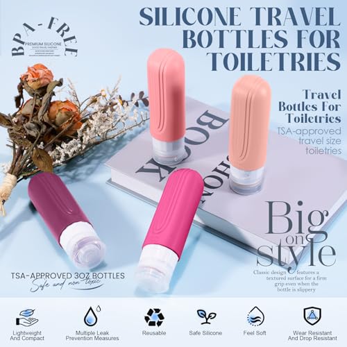 Travel Bottles for Toiletries, 3oz TSA Approved Travel Size Toiletries, Silicone Leak-Proof Refillable Containers, Squeezable Liquid Essentials Bottles W/Clear Bag (RED) - color: RED