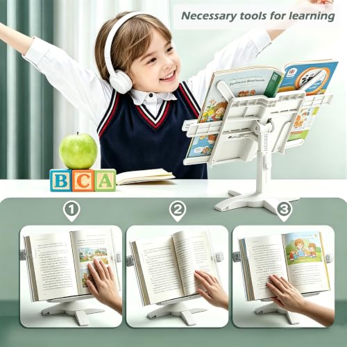 Book Stand for Reading, Page Clip for Cookbook, Recipe, Magazine, Laptop,Tablet, Foldable for Kitchen, Office, School