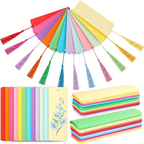 Sinmoe 120 Pcs Blank Paper Cardstock Bookmark with Tassels DIY, Solid Color