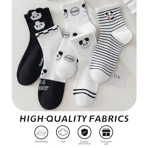 Cute Thin Crew Socks for Women Viscose Bamboo Cotton Girls Ankle Pattern Stripe Novelty Preppy Sock 5 Pairs - color: Panda/Black White