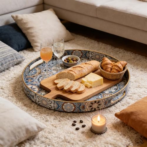 Round Serving Tray with Handles,Boho Modern Ottoman Coffee Table Tray - color: Round Tray - Boho Blue