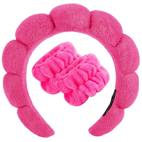 Zkptops Spa Headband for Women Sponge Makeup Skincare Headband Washing Face Wristband Set Terry Cloth Bubble Soft Get Ready Hairband Puffy Padded Headwear Non Slip Thick Hair Accessory(Hot Pink-2) - color: ZC Hot Pink-2
