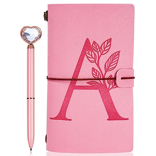 Personalized Journal Gift-Pink Initial Leather Journal+Heart Diamond Pen Set,Travel Notebook Diary Gifts,Refillable Notepads,Christmas,Birthday Gifts for Women Girls (7.9"x4.7") (A) - style: A