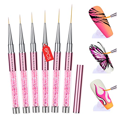 SAVILAND 6pcs Nail Art Brushes Diamond Rhinestone Handle for Fine Lines - color: A-Pink