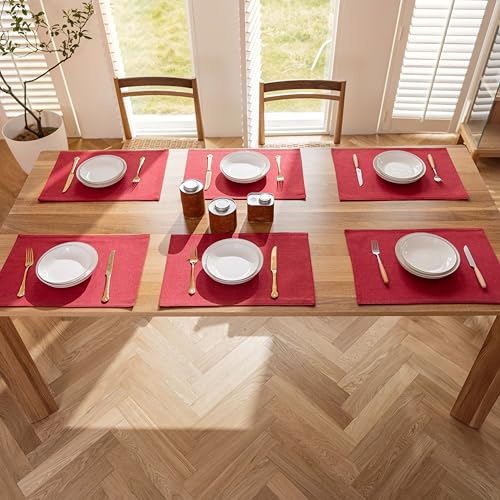 Demetex Placemats Set of 6 Red Linen Wipeable Place Mats Heat Resistant Cloth Placemats for Dining Table Restaurants Holiday, 13 x 19 inches, Wine Red - color: Red, size: Placemats set of 6