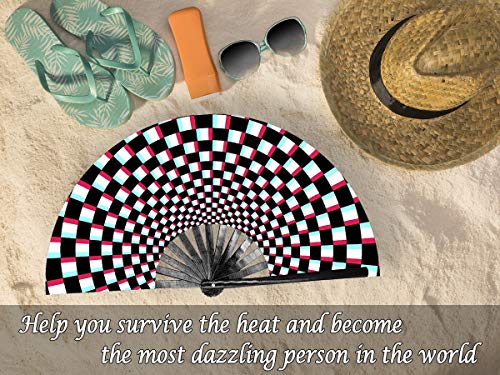 OMyTea Large Rave Clack Folding Hand Fan for Men/Women - Chinese Japanese Bamboo Handheld Fan - for EDM, Music Festival, Club, Event, Party, Dance, Performance, Decoration, Gift (Illusion Checkered) - color: Illusion Checkered