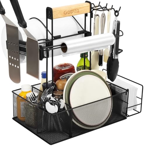 Geesta Grill Caddy for Outdoor Grill, BBQ Picnic Camping Caddy with Paper Towel Holder & Magnetic Tool Holder, Condiment Storage Utensil Kitchen Organizer for RV Camper, Tailgate Accessories