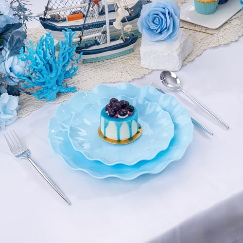 LIYH 24Pcs Light Blue Scalloped Plastic Plates Reusable For Party Events - color: Blue, size: 24(12 Guests)