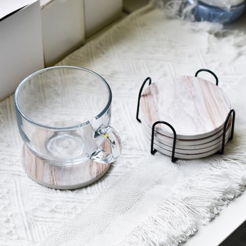 6Pcs Absorbent Coasters Set with Holder,Ceramic Drink Coaster,4 in（A1） - color: Marble Style