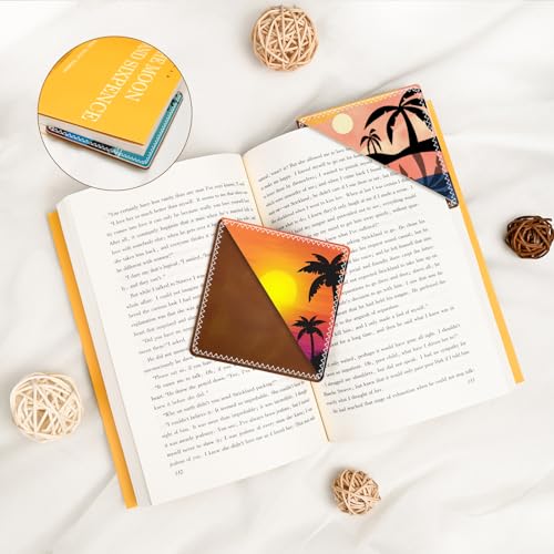 3 Pieces Leather Bookmarks, Personalized & Cute Book Accessories for Reading Lovers, Page Markers for Women Men Girls Boys Student Teacher Kids Retirement Birthday Gifts (Sunset, Coconut Trees) - color: Sunset, Coconut Trees