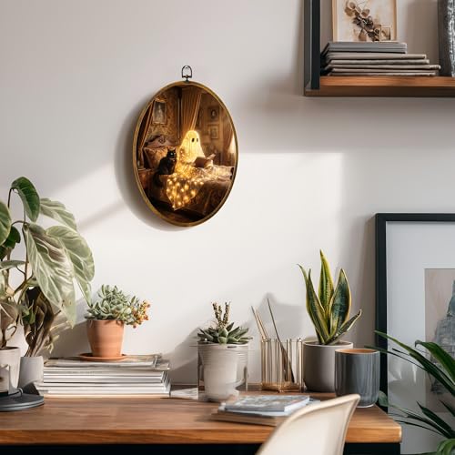Glowing Ghost Black Cat Oval Wall Art, Framed Canvas Decor, 8.5x11.5 Inch - color: Lit Ghost Read Book With Black Cat
