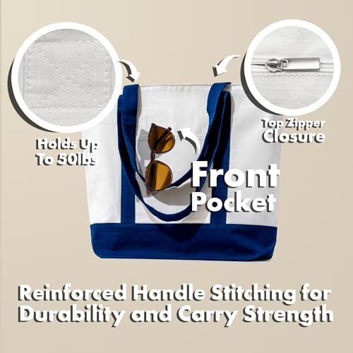 Carrywell (Not Made In China) Canvas Tote Bag With Front Pocket, 15"x 21", Reusable Grocery Shopping Bags, Top Zipper Closure - color: White W/Navy Trim
