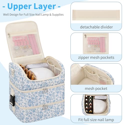 Extra Large Nail Polish Organizer - Three Layer Nail Organizers And Storage Bag, Portable Nail Supplies Organizer Case, Nail Tech Kit Travel Carrying Box with Shoulder Strap (Floral Blue, 86 Slots) - color: Floral Blue, size: 86 Slots