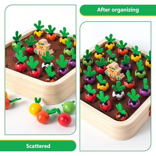 Montessori Kids Carrots Toy Carrot Harvest Game with 12 Challenge Cards Realistic Vegetables Storage Tray Educational Toys Shape Sorting Matching Puzzle Montessori Toys for Kids 3+