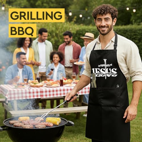 Funny Black Grill Apron with Pockets for Man,Dad,Husband,Father in Law,Chef Daddy Grilling Apron BBQ Cooking Gifts - color: Jesus Apron