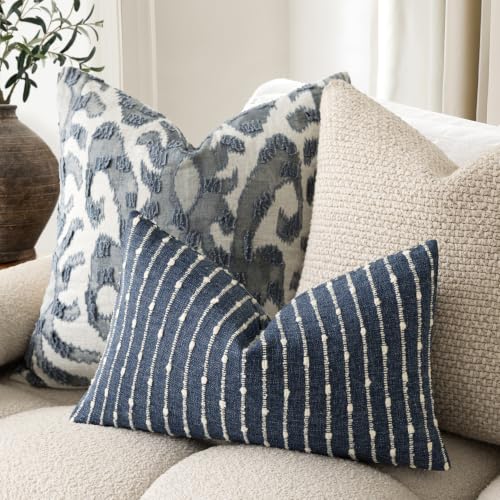 Foindtower Boho Striped Boucle Lumbar Throw Pillow Covers 12x20 Dark Blue - color: Blue Ashes, size: 20" x 12" (Pack of 2)