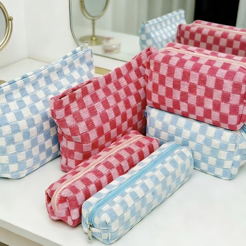 3 Pieces Checkered Makeup Bag Set, Pink Cosmetic Bags for Women, Large Medium Small Portable Travel Toiletry Bag, Cute Zipper Pouch Organizer for Purse, Skincare, Cosmetics, Stationery - color: 3 pcs Pink