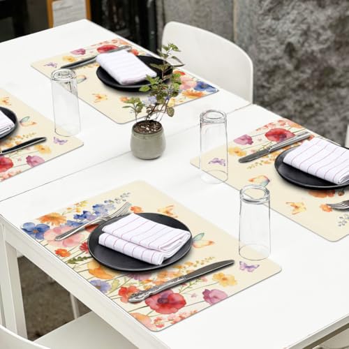 Peacoblue Placemats Set of 4,Faux Leather Wildflower and Butterflie Design - style: Wildflowers and Butterflies