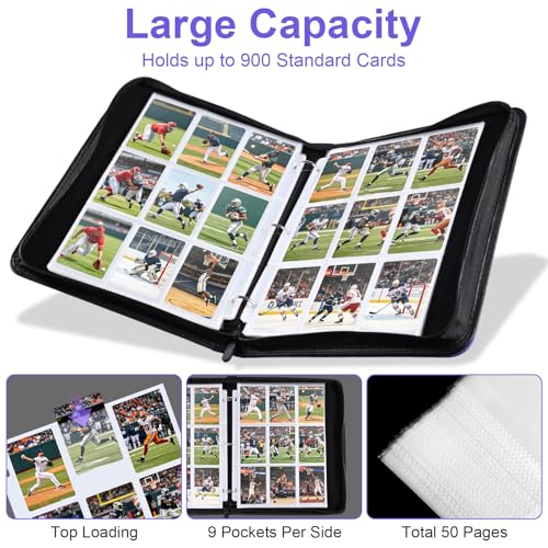 50 Pack 9 Pocket Card Binder, 3 Ring Premium Zip Trading Card Binder, 900 Large Capacity Top Loading Card Storage Album, PU Card Collection Binder for TCG, MTG, Baseball Hockey Sport Cards, Purple - color: Purple