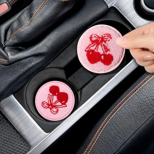 Car Cup Holder Coaster, 2-Pack Drink Coasters for Car Accessories, Car Things Automotive Organization, Desk Use, Men and Women’s Must-Haves, Pink Cherry Felt Inserts Gift for Her - color: Red/Pink